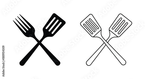 Black and white illustrations depicting crossed forks and spatulas