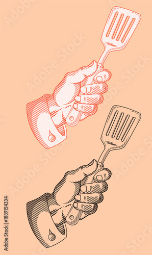 Vintage Engraving Illustration of Hand Holding Cooking Spatula,Perfect for restaurant branding, chef logos, culinary school graphics, or vintage-themed kitchen decor.