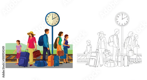 People waiting at a train station shown in color and line art