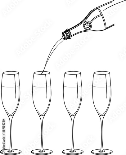 Elegant line art depicting a festive moment with a bottle pouring sparkling beverage into a line of four refined glasses, perfect for celebration and special events