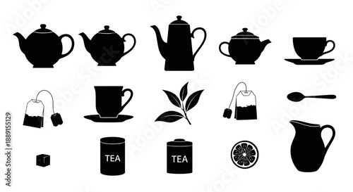 Black Silhouette Tea Set and Accessories Vector Icons