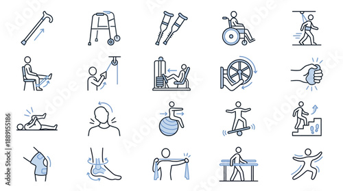 Physical Therapy Exercise Vector Set – 24 Blue and Gray Line Icons Depicting Mobility Aids, Stretching, Balance, and Strength Training for Rehab and Educational Use