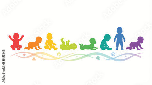 Baby Development Vector Timeline – Rainbow-Colored Silhouettes Showing Infant Growth Stages from Sitting to Crawling for Pediatric, Educational, and Parenting Use