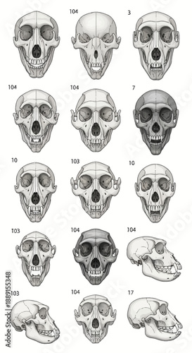 Detailed Scientific Illustration of Primate Skulls in Front and Side Views
