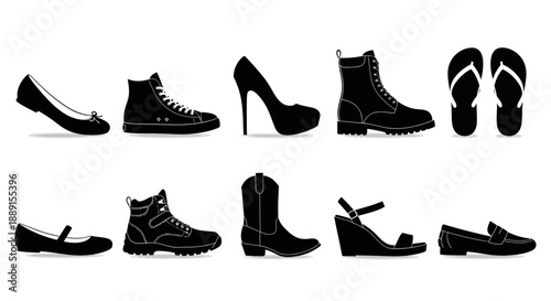 Black Silhouette Vector Icons of Various Footwear Styles