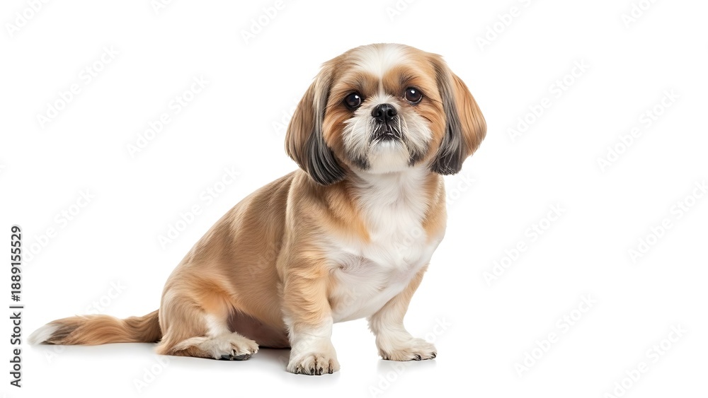 Fototapeta premium Cute Studio Portrait of a Fluffy Shih Tzu Dog Isolated on White Background for Pet Product Mockups, Veterinary Advertising, or Companion Animal Concepts