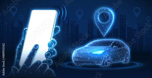 Hand holding smartphone near futuristic autonomous car with location pin on blue background. Smart mobility, navigation app, connected transport, digital travel concept. Vector illustration.