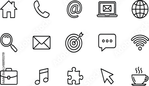 Collection of black outline for home phone email internet laptop target chat wifi briefcase music puzzle cursor coffee