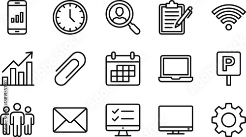 Collection of black outline representing business and technology concepts mobile phone