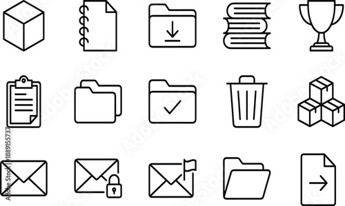 Collection of black outline representing digital and physical and actions cube notebook