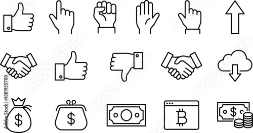 Collection of black outline representing finance and hand gestures thumbs up thumbs down