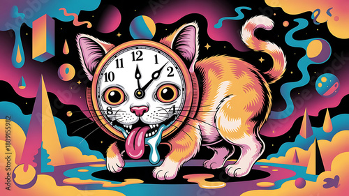Whimsical Cat and Time: A colorful and imaginative artwork presents a cheerful cat with a clock face, in a surreal and vibrant world. This scene evokes the fusion of time and feline essence.