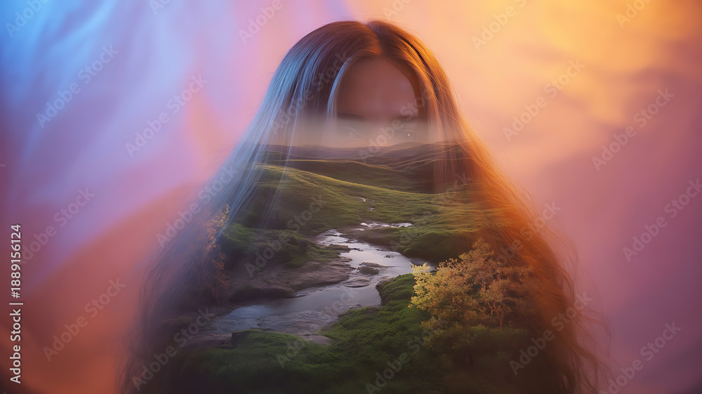 custom made wallpaper toronto digitalMystical Merge: A portrait of a woman merges with a tranquil landscape, symbolizing the harmonious connection between self and nature. It evoke emotions of peace and unity.