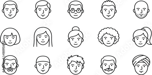 Collection of diverse human face with various hairstyles and facial people woman