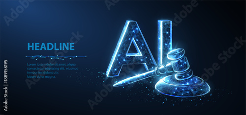 AI and law. Symbolizing the judicial law system and artificial intelligence, this image represents the intersection of jurisprudence and the prohibition or ban of AI. Abstract 3d digital concept

