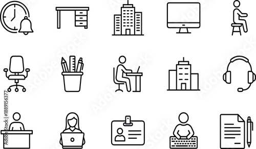 Collection of office and business in black outline style clock