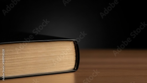 Bild auf Leinwand Close-up of a thick black book on a wooden table