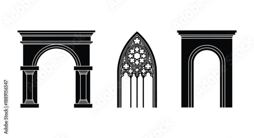 Three gothic arches in black and white showcasing architectural details