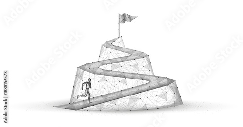 Man runs up the mountain with flag on the top. Growth opportunity, Dream career, Goal achievement, Leadership success , Ambition rise, Financial success, Competition strategy, mountain concept

