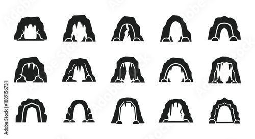 Collection of black and white archway and cave entrance illustrations