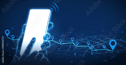 Phone mockup in hand and pins connected. Phone mobile app, gps tracker, geo location, uber route, pin pointer, navigation plan, online search, taxi app service concept.

