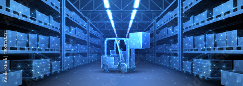 Digital warehouse. Automatic stock storage, modern distribution building, ecommerce warehouse, digital logistics, smart package hardware, AI delivery system, innovation in cargo, commercial storehouse