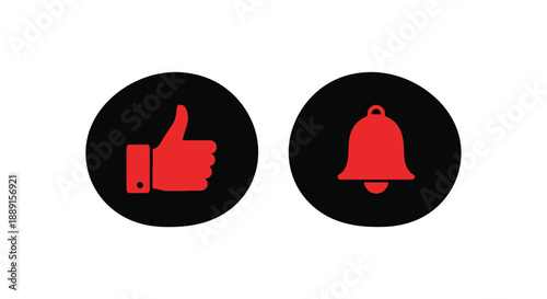 Red like and notification icons displayed within black circular buttons