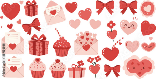 Valentine s day icons and symbols including hearts gifts and cupcakes