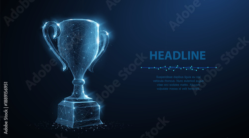 Trophy cup. Abstract vector 3d trophy isolated on blue background. Champions award, sport victory, winner prize concept. Competition success, first place, best win, celebration ceremony symbol.

