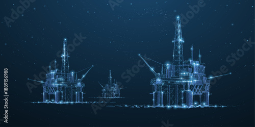 Oil rigs. Abstract 3d floating rig platform isolated on blue. Gas platform, offshore drilling, refinery plant, petroleum industry, energy resource, innovation well drilling, oilfield equipment concept