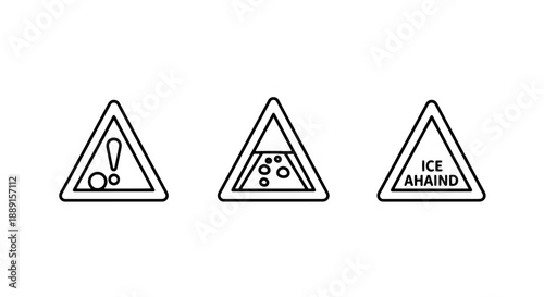 Winter road hazard symbols: Warning signs with exclamation points, slippery surfaces, and ice alerts for safe driving conditions.