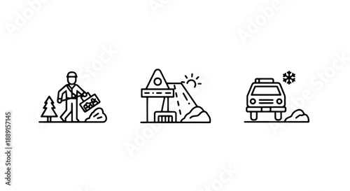 Winter travel and safety icons: Traveler with luggage, snow plow sign, and car in snow, illustrating winter conditions and preparedness.