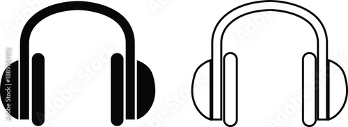 Microphone Audio Equipment Black Flat Line Style Vector Icon Set, Sound Recording Symbol Collection and Music Podcast Outline Graphic Group Featuring Mic, Headset and Earphone