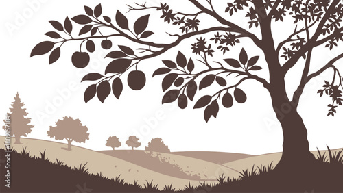 A serene landscape with a tree in a rolling hill countryside