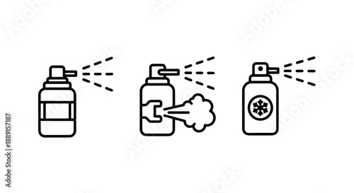 Spray bottle icons emitting mist or spray, including one with a snowflake symbol, suggesting cleaning, cooling, or air freshening products.