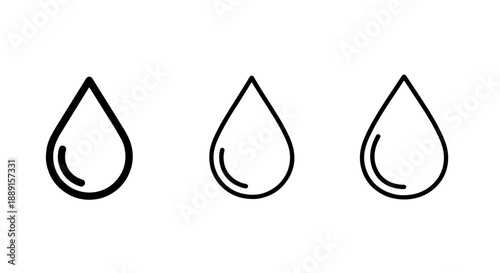 Three minimalist line art icons representing water drops, signifying liquids, purity, or moisture.