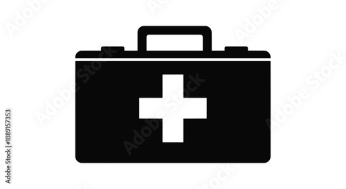 Black and white icon of a first aid kit with a white medical cross