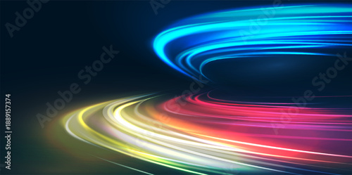 Speed light motion background. Digital city, Tech concept, Data trail, Car acceleration, Abstract road, Light effect, Night highway, Dynamic movement, Neon beam

