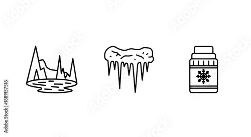 Arctic landscape and winter elements icon set: icy mountains, icicles, and a thermos, illustrating cold environments and outdoor survival.