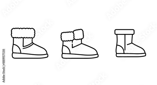 Winter boot and shoe icons: fuzzy ankle boots, comfortable moccasins, and sturdy boots, showcasing cold-weather footwear for every occasion.