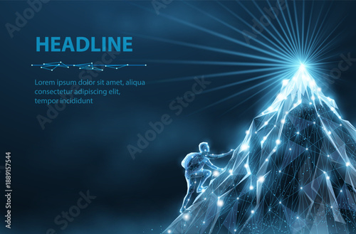 The man is climbing to the mountain top. Goal achievement,Climb to success, Leadership motivation ,Business growth, Travel adventure, Career growth concept, Dream achievement, Personal effort.

