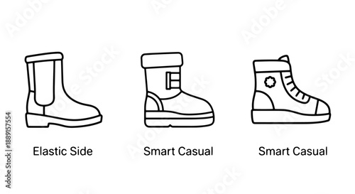 Versatile boot style icons: elastic side, smart casual, and versatile smart casual boots, showcasing different footwear options for men and women.