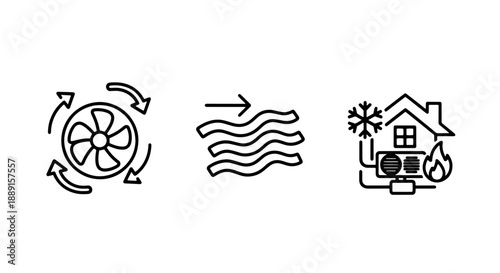 Air conditioning and ventilation icons: fan, wavy airflow, and house with AC unit, representing climate control, comfort, and temperature management.
