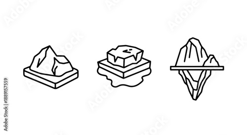 Iceberg and mountain icons: jagged ice formations and rocky peaks, evoking themes of arctic exploration, cold climate, and natural beauty.