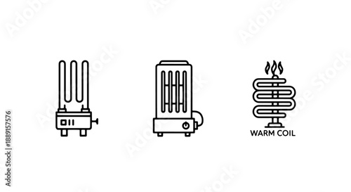 Modern home heating icons: electric heaters with coils, one featuring a warm glow, representing energy efficiency and comfortable indoor temperatures.