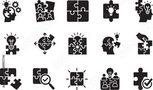   Puzzle icon set for problem solving, teamwork, collaboration, strategy, ideas and innovation concepts.