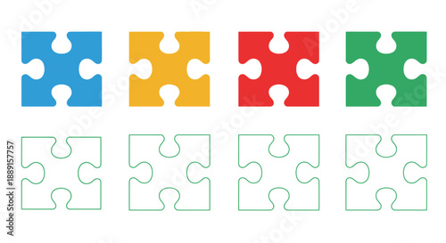 Colorful puzzle pieces with matching blank outlines arranged in a row