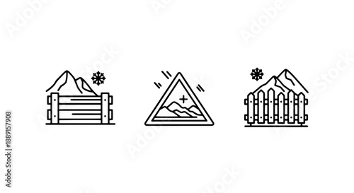 Winter safety icons with fences, snow, and mountains, suggesting avalanche warnings and road safety in snowy conditions.