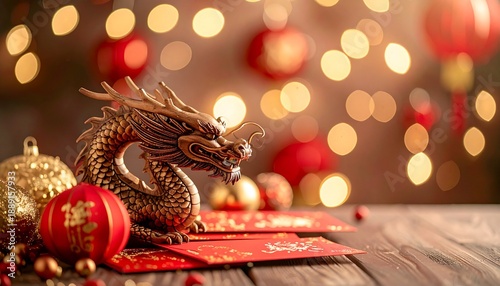 A vibrant golden dragon, traditional red envelopes, and illuminated lanterns create a festive atmosphere, symbolizing prosperity and good fortune for new year celebrations