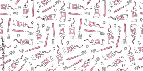 Cartoon teeth, toothpaste, and toothbrush. Seamless pattern. Drawings, doodles. Dental care. Dentistry, hygiene, and dental health products. Vector background.
